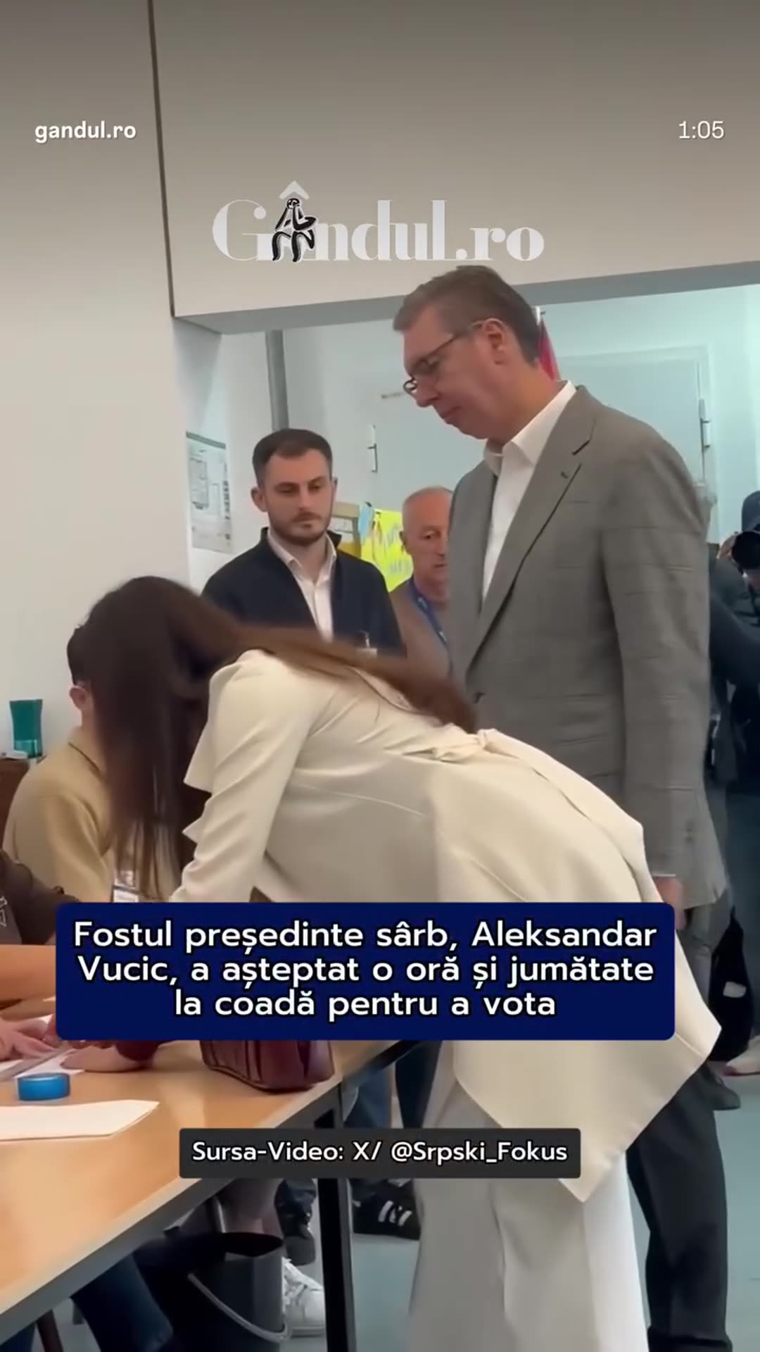 A story reshares Gândul's reel showing a man, named in the caption as Aleksandar Vucic, voting at a polling station after reportedly waiting an hour and a half in line.