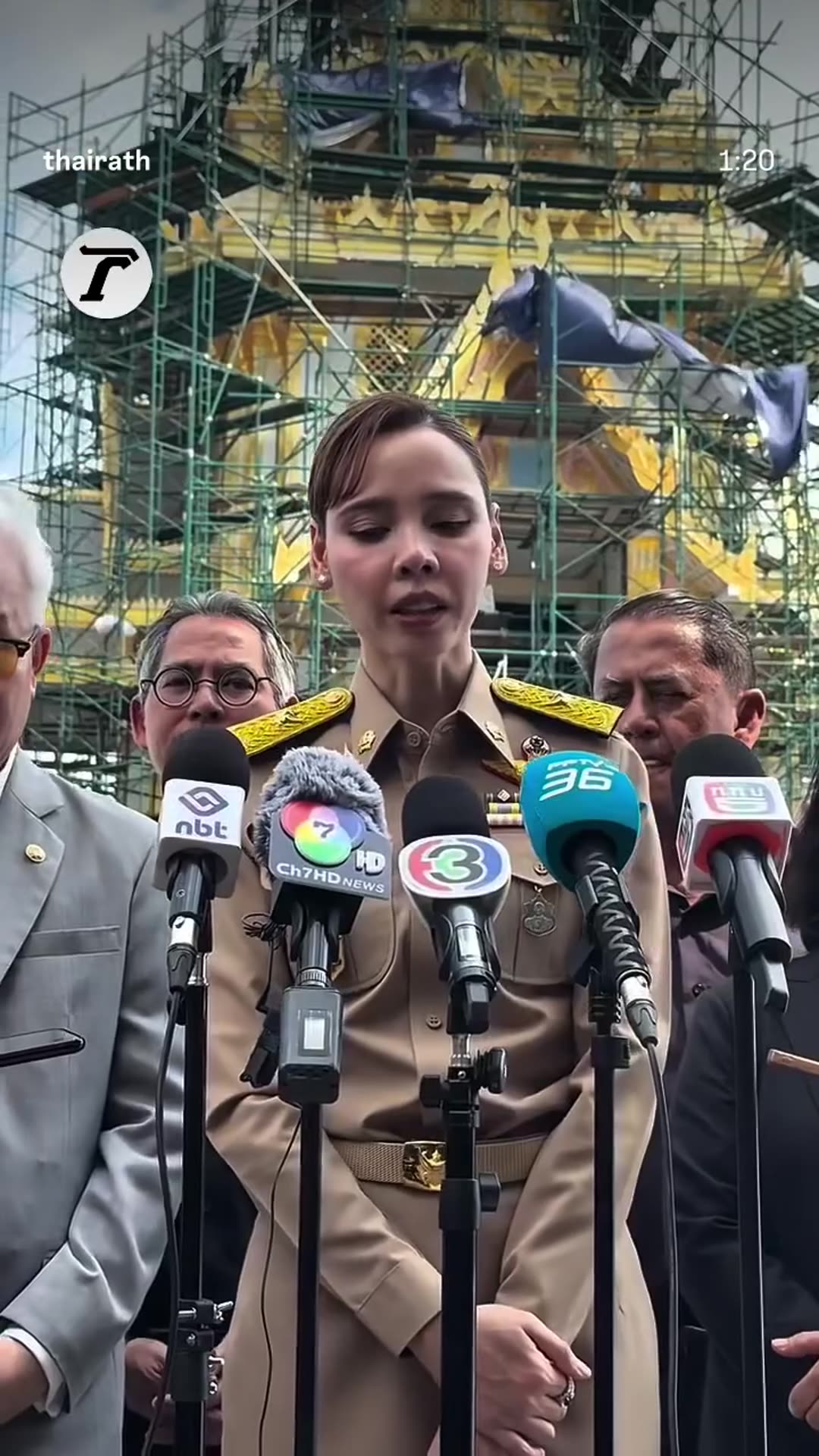 A story reshares Thairath's reel of Thailand's Culture Minister inspecting the Royal Crematorium under construction at Sanam Luang, touring the interior and telling reporters that work is over 90% complete and will finish by mid-November.