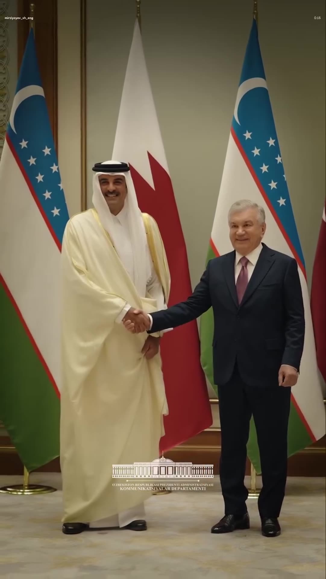 A story reshares the official video of Qatar's Emir being welcomed in Uzbekistan: honor guard, Qatar Airways plane arrival, red-carpet greeting, handshake before flags, motorcade and aerial airport views.