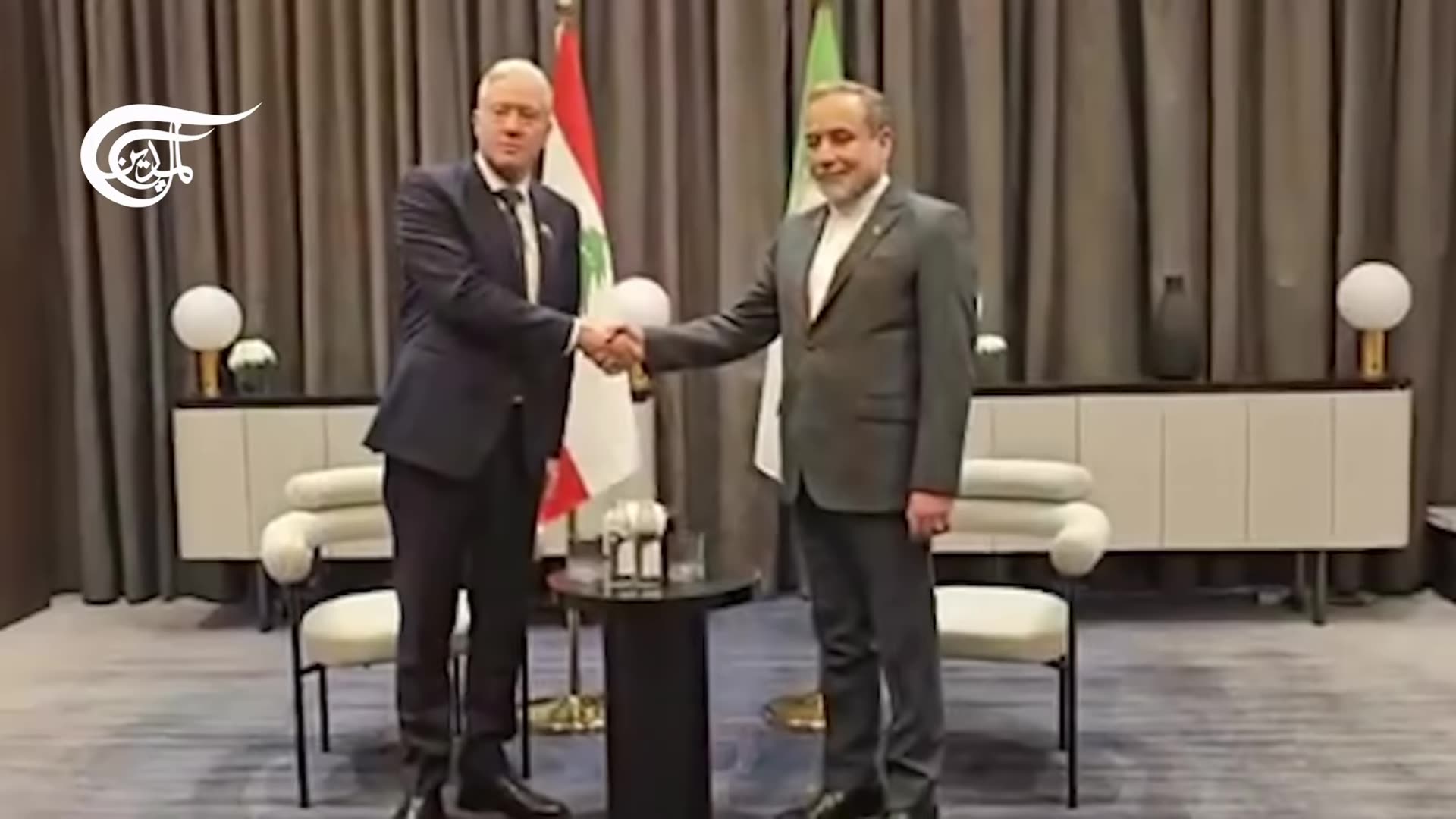 A reshared Al Mayadeen reel shows the Iranian and Lebanese foreign ministers walking through a hotel, shaking hands and starting a bilateral meeting in Baghdad.